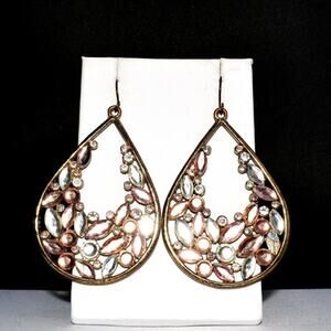 Vintage Boho Flat Rhinestone Long Dangle Earrings, Rustic 1990s